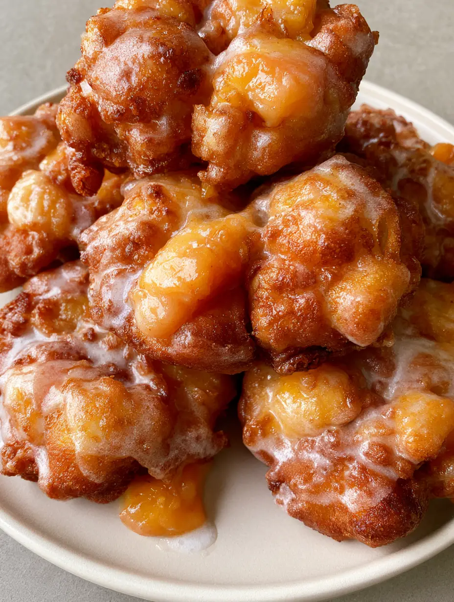 Extreme close-up of Fresh Peach Fritters showing the craggy, bumpy texture and shimmering sugar glaze in the crevices.