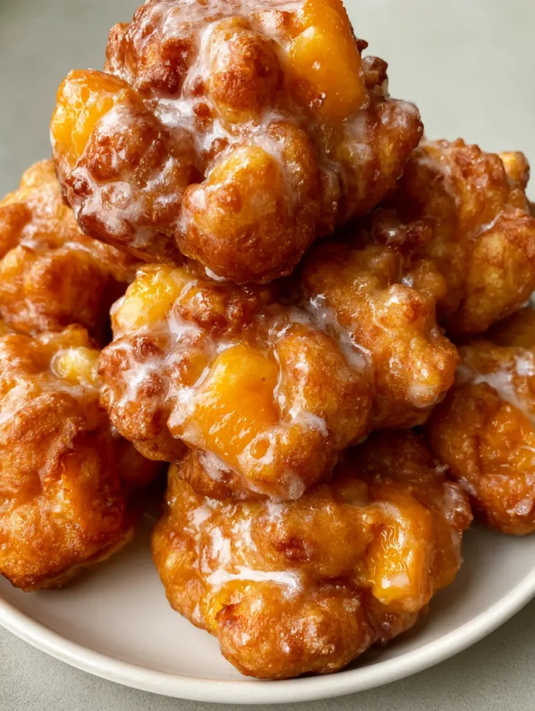Fresh Peach Fritters stacked on a ceramic plate in natural daylight, highlighting the soft peach chunks embedded in the dough.