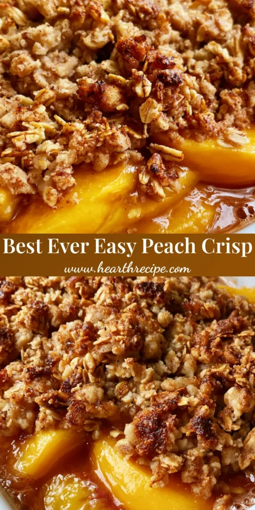 A bubbling Peach Crisp Recipe in a white ceramic dish featuring golden oat topping and translucent amber syrup. (Peach Crisp Recipe)