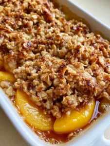 Close-up of peach crisp showing softened yellow peaches and toasted rolled oats. (Peach Crisp Recipe)