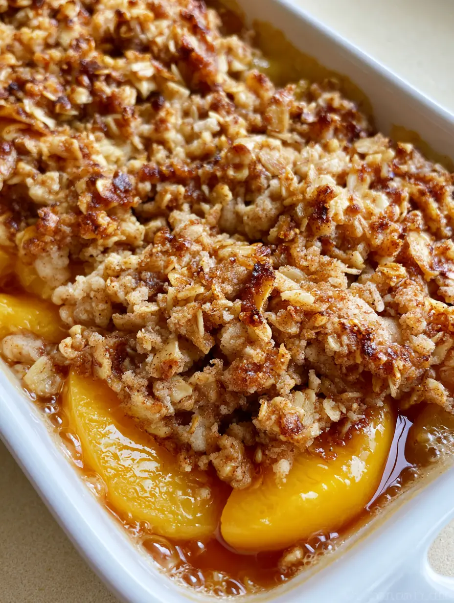 Close-up of peach crisp showing softened yellow peaches and toasted rolled oats. (Peach Crisp Recipe)