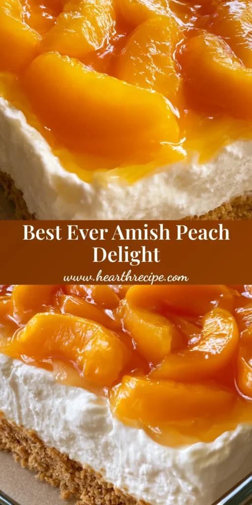 Amish Peach Delight: The Ultimate Layered No-Bake Summer Dessert 3 A side-angle shot of a layered Amish Peach Delight in a clear glass dish showing graham cracker crust, white cream, and glazed peaches.