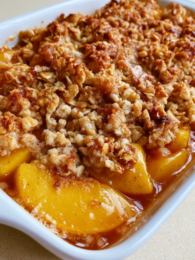 Smartphone photo of a peach crisp inside a white rectangular ceramic baking dish with bubbling fruit syrup at the edges.