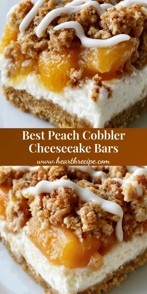 A stack of thick square Peach Cobbler Cheesecake Bars showing the distinct layers of shortbread crust, creamy white filling, and toasted oat crumble.