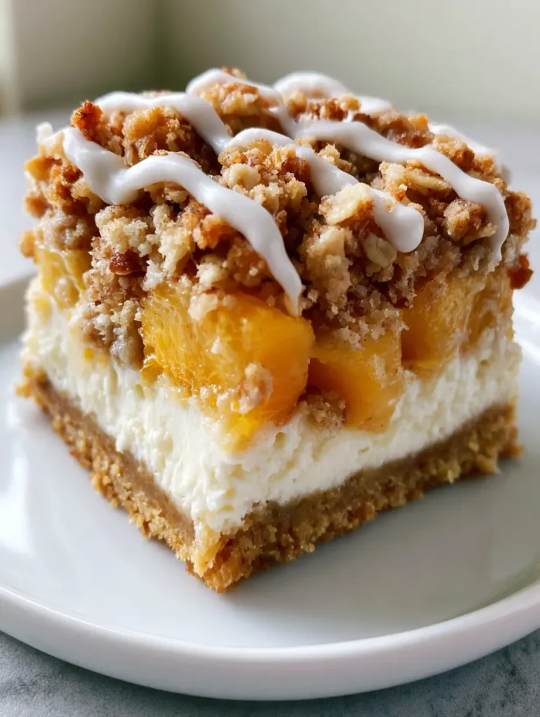 A close-up shot of a thick, square peach cobbler cheesecake bar with golden-brown oat crumble and white icing drizzle. (Peach Cobbler Cheesecake Bars)