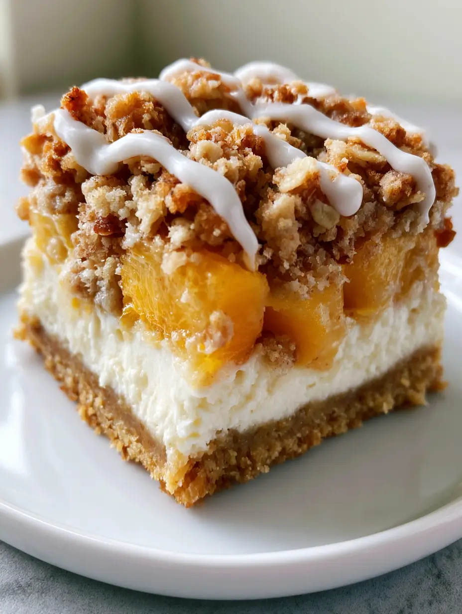 A close-up shot of a thick, square peach cobbler cheesecake bar with golden-brown oat crumble and white icing drizzle. (Peach Cobbler Cheesecake Bars)
