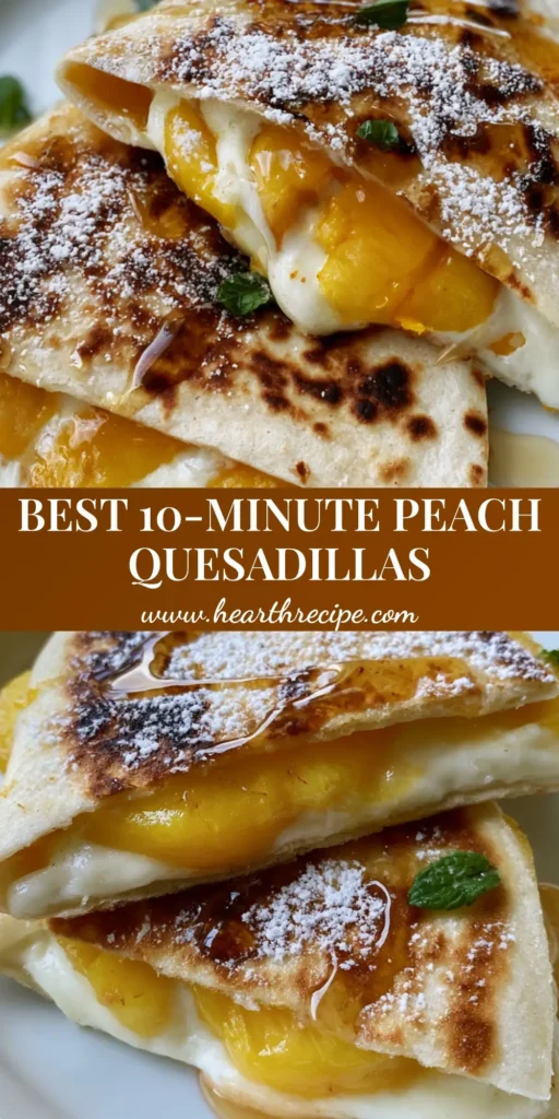 Peach Quesadillas with Warm Honey and Melted Cream Cheese 4 Close-up of two sweet Peach Quesadillas on a white plate with golden charred spots, honey drizzle, and powdered sugar dusting.
