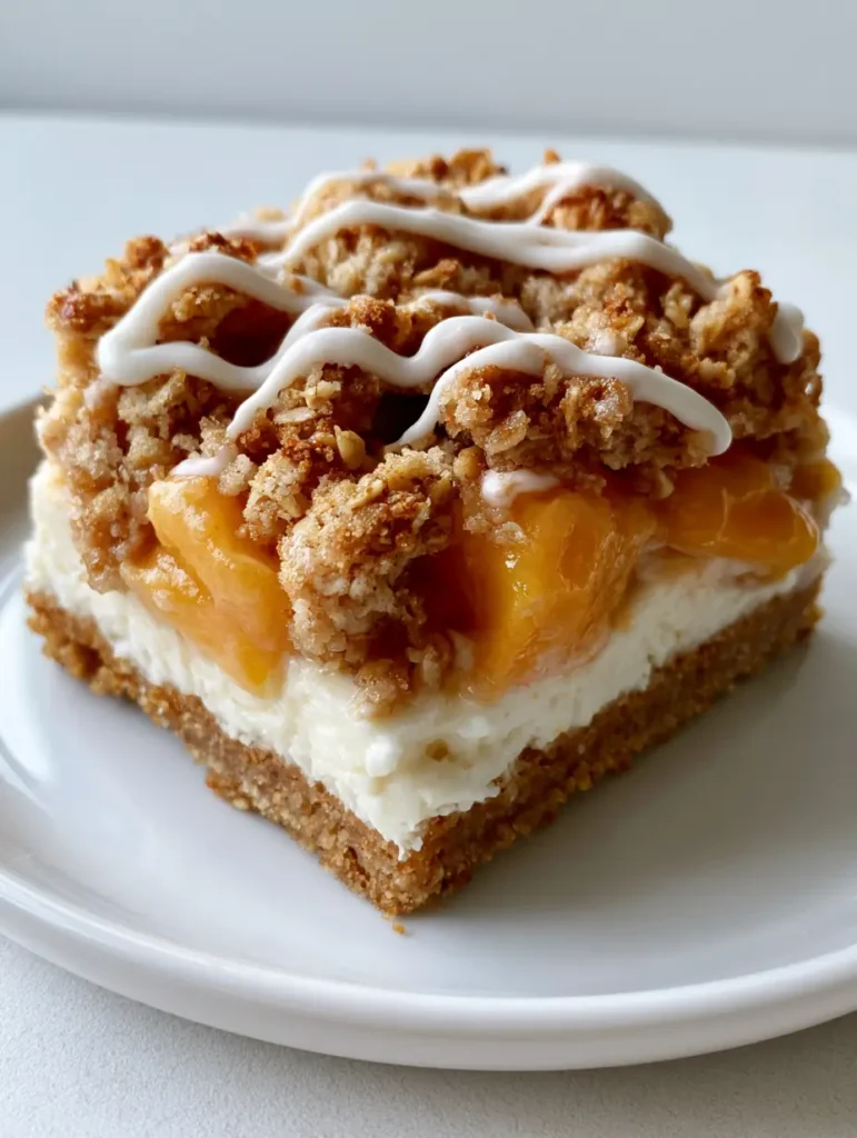 Handheld smartphone photo style shot of Peach Cobbler Cheesecake Bars on a white plate with natural side lighting.