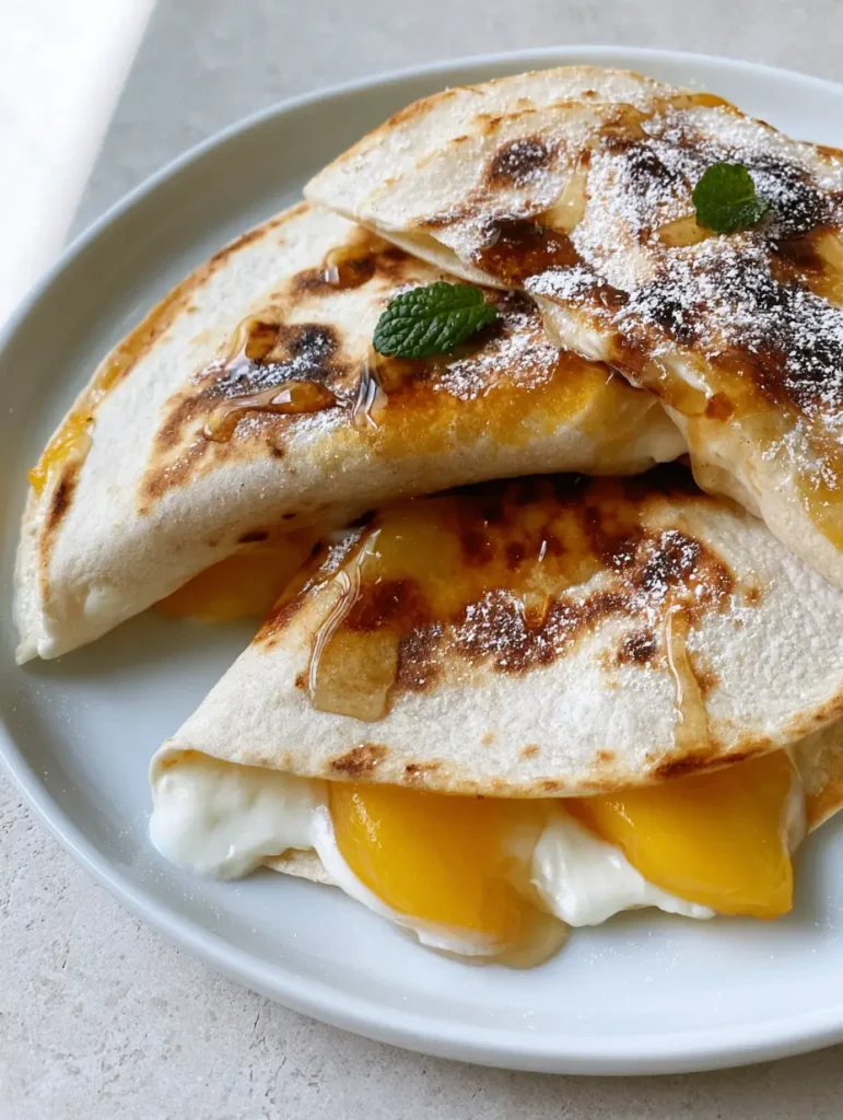 Golden brown toasted Peach Quesadillas with melted cream cheese oozing from the edges and fresh mint garnish.