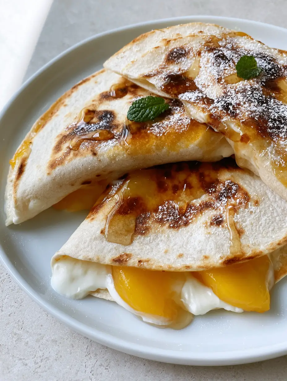 Peach Quesadillas with Warm Honey and Melted Cream Cheese 3 Golden brown toasted Peach Quesadillas with melted cream cheese oozing from the edges and fresh mint garnish.