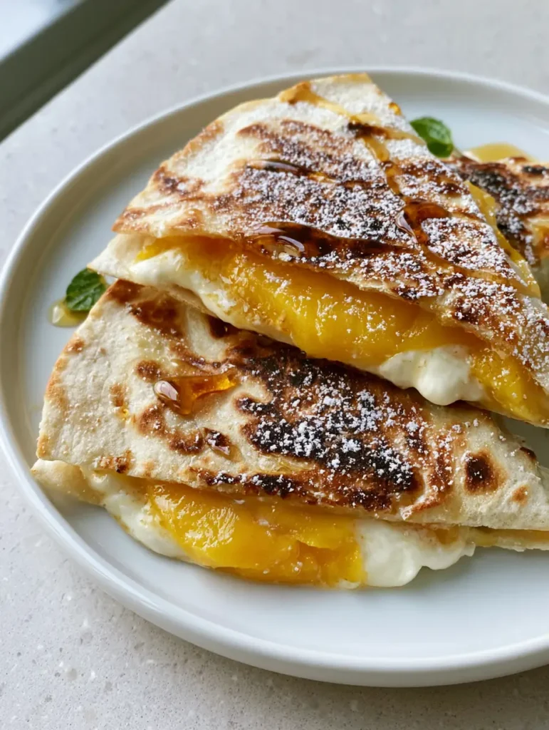 Peach Quesadillas with Warm Honey and Melted Cream Cheese 1 Overhead view of Peach Quesadillas drizzled with honey and dusted with sugar on a grey stone surface.