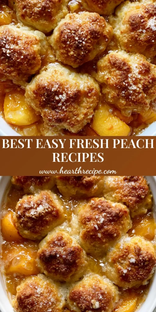 Fresh Peach Recipes: The Ultimate Homemade Biscuit-Top Peach Cobbler 4 Overhead view of a fresh peach cobbler with bubbling amber syrup and golden biscuit mounds in a white ceramic dish. (Fresh Peach Recipes)
