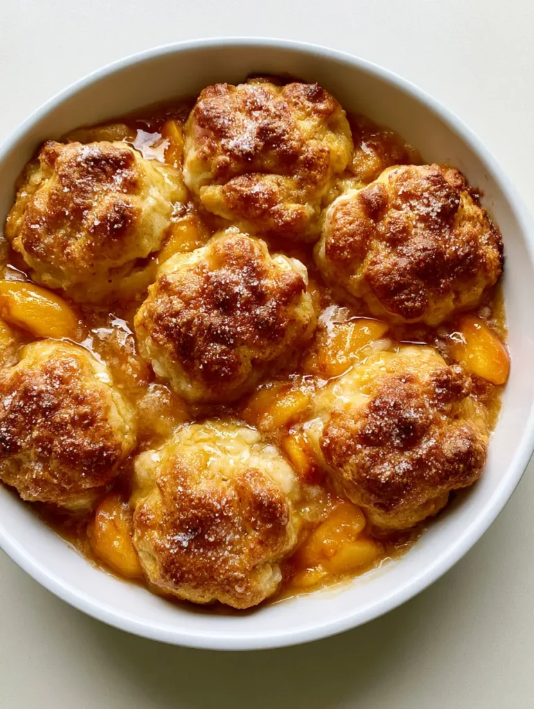 Fresh Peach Recipes: The Ultimate Homemade Biscuit-Top Peach Cobbler 1 Close up of golden-brown craggy biscuit mounds with a fine granulated sugar dusting. (Fresh Peach Recipes)