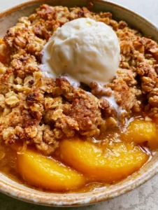 Close-up eye-level shot of Fresh Peach Crisp Recipe showing softened yellow peaches and a craggy toasted oat crust.