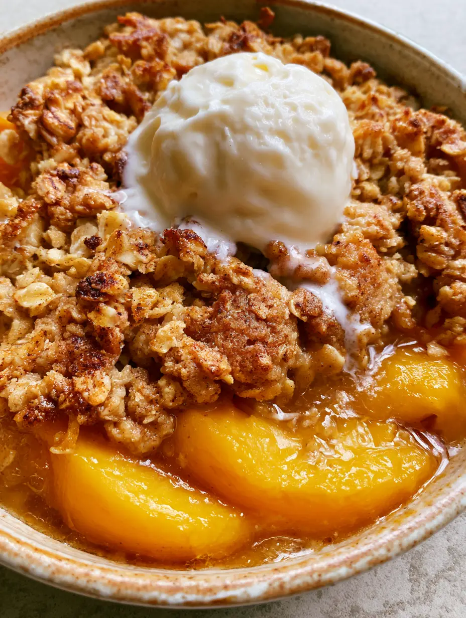 Close-up eye-level shot of Fresh Peach Crisp Recipe showing softened yellow peaches and a craggy toasted oat crust.