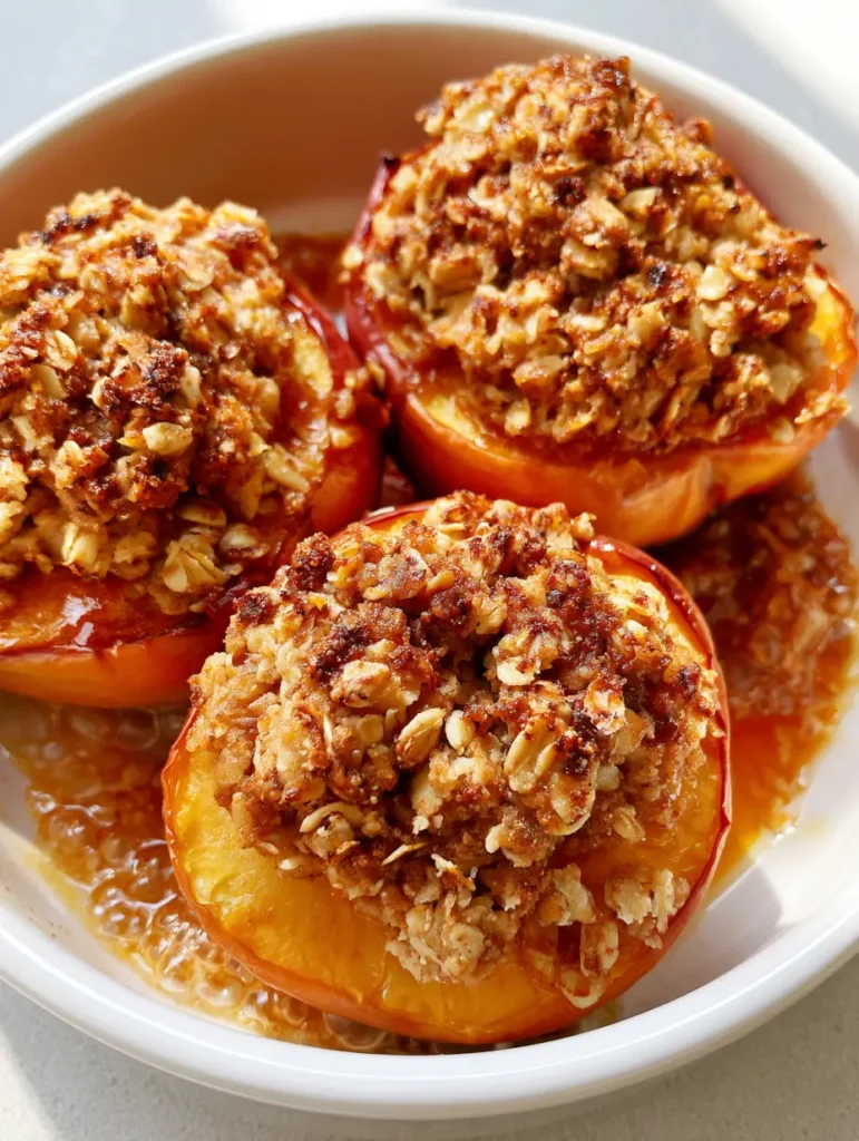Close up view of bubbling amber fruit juices pooling around the base of caramelized baked peaches with a crunchy topping.