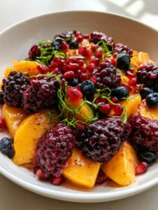 Close up handheld smartphone photo of Summer Peach Fruit Salad showing the glistening honey-lime glaze on yellow peach slices and bumpy blackberries.