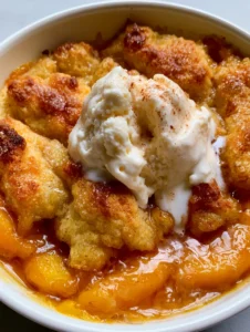 Close-up of bubbling amber syrup and peach slices under a sugar-dusted crust. (Easy Peach Cobbler Recipe)