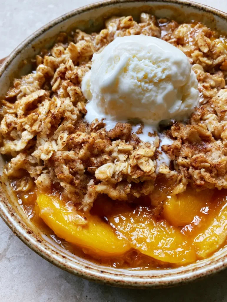Macro view of melting vanilla ice cream on a Fresh Peach Crisp Recipe with cinnamon oat crumbles.