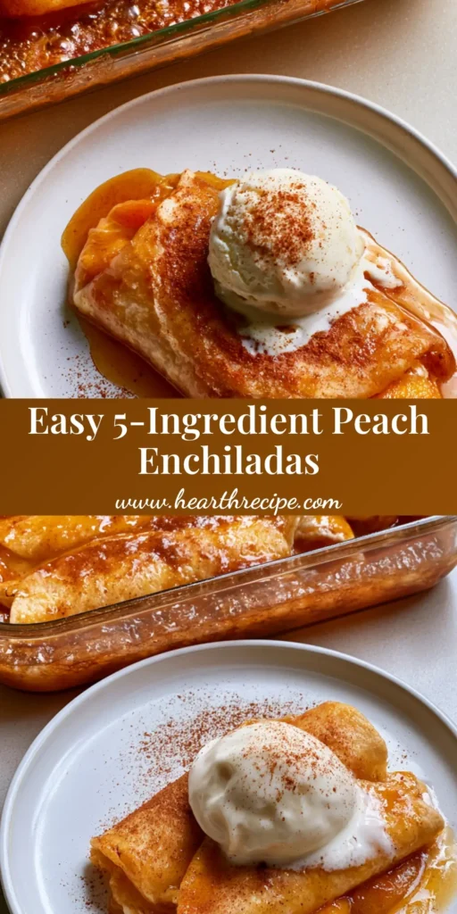 A close-up of a serving of Peach Pie Enchiladas on a white plate, topped with a large scoop of melting vanilla bean ice cream and a dusting of cinnamon powder.