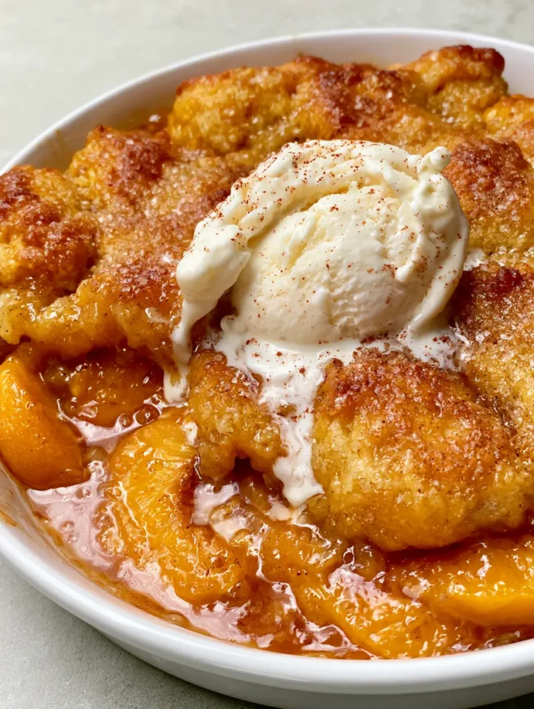 A scoop of vanilla ice cream melting over a golden-brown peach cobbler crust.