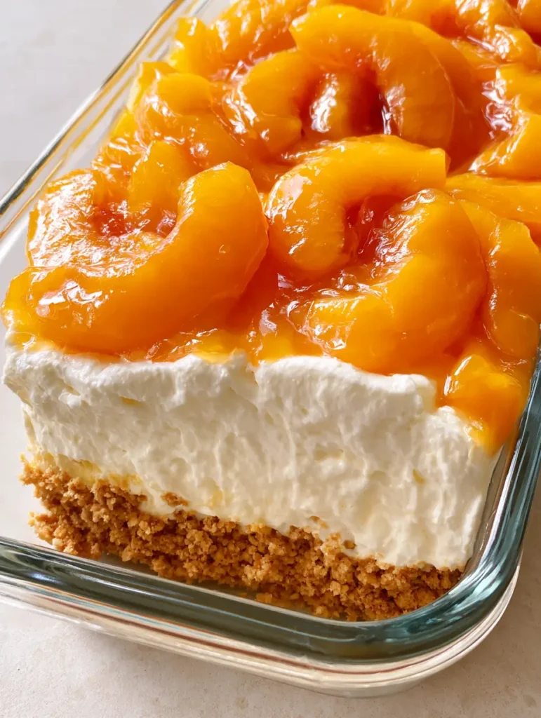Amish Peach Delight: The Ultimate Layered No-Bake Summer Dessert 1 Vibrant orange sliced peaches suspended in a glossy translucent peach jello glaze on top of Amish Peach Delight.