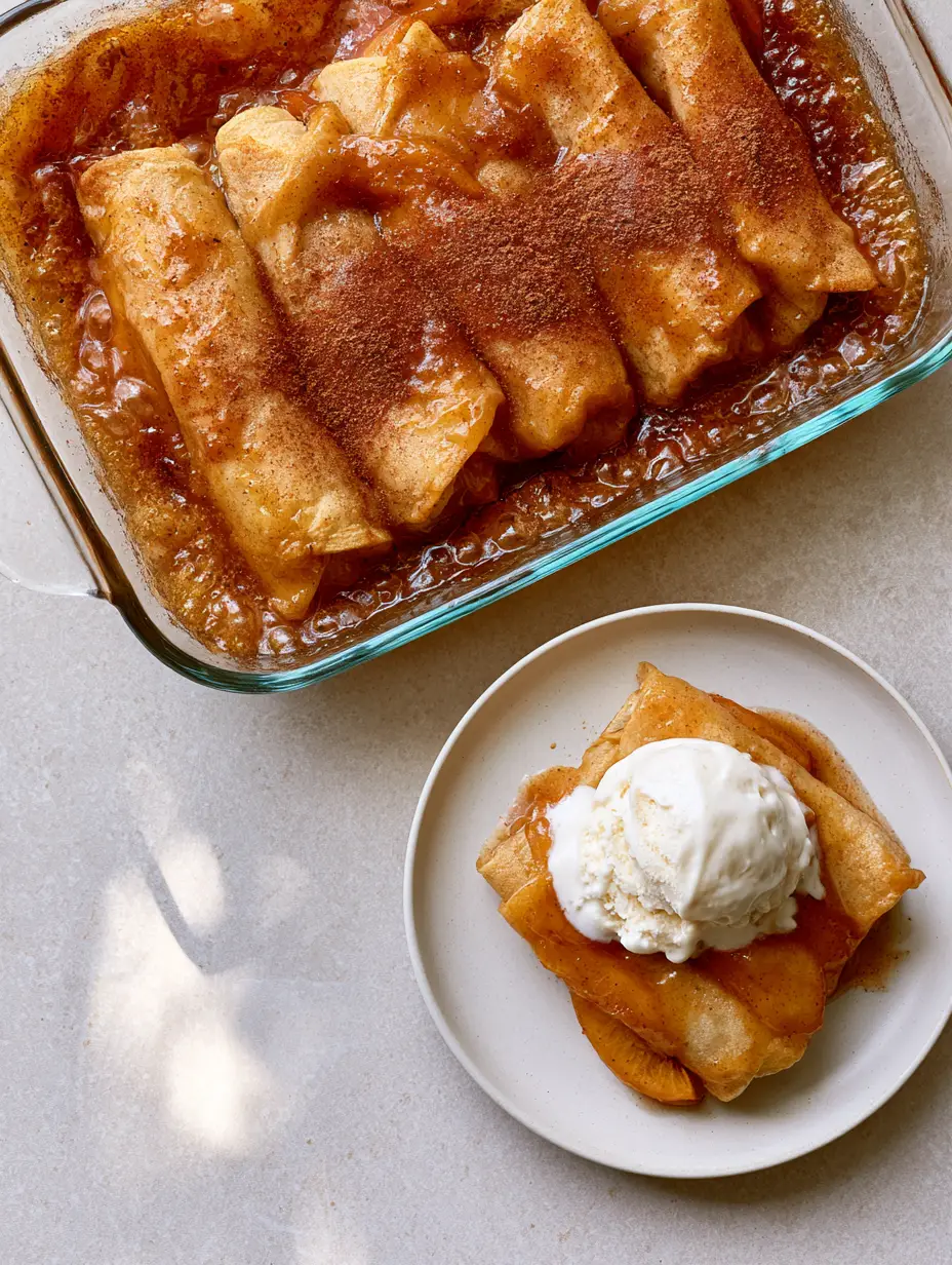A clear glass rectangular baking dish filled with golden-brown flour tortillas rolled with peaches, drenched in bubbling amber-colored cinnamon butter syrup.