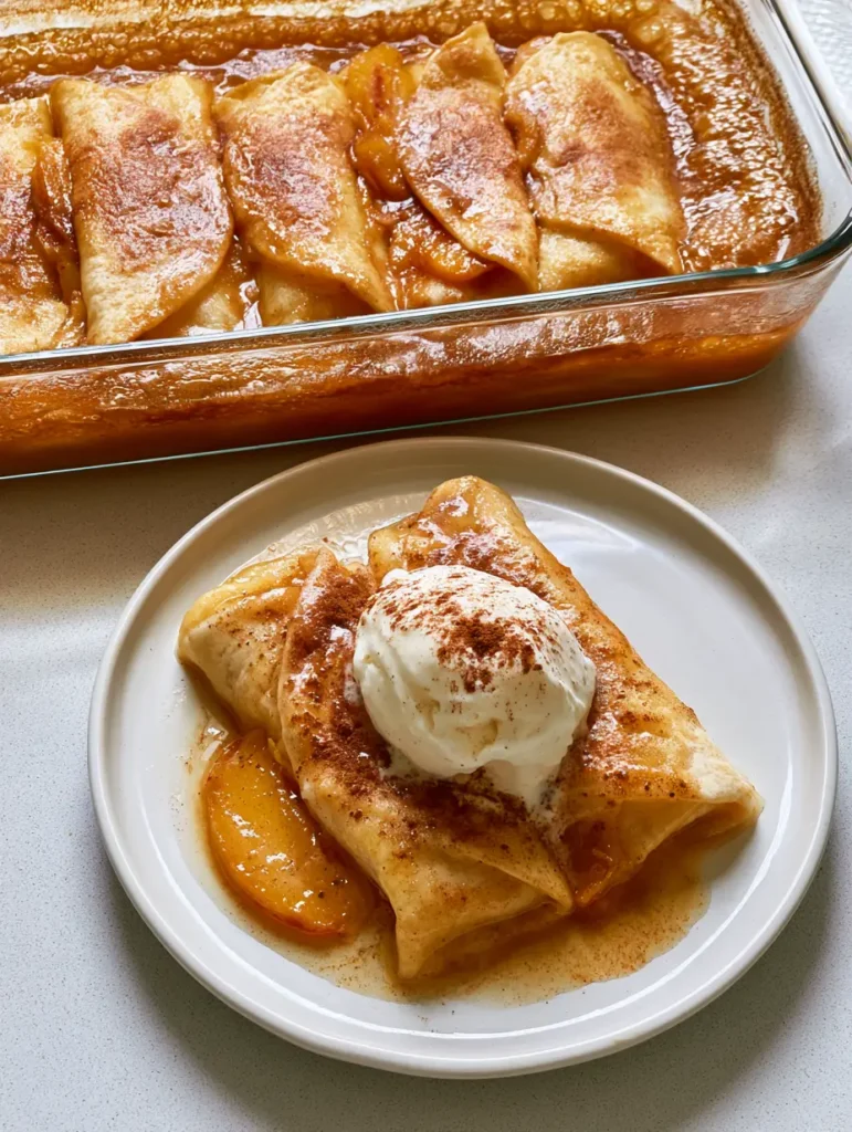 Handheld smartphone photo of a glass dish containing golden peach enchiladas with a glossy cinnamon glaze.