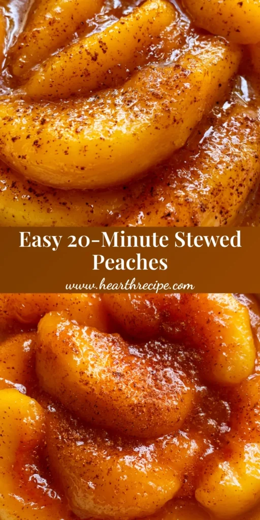 A top-down shot of a white bowl filled with jammy Stewed Peaches in a thick amber cinnamon syrup.