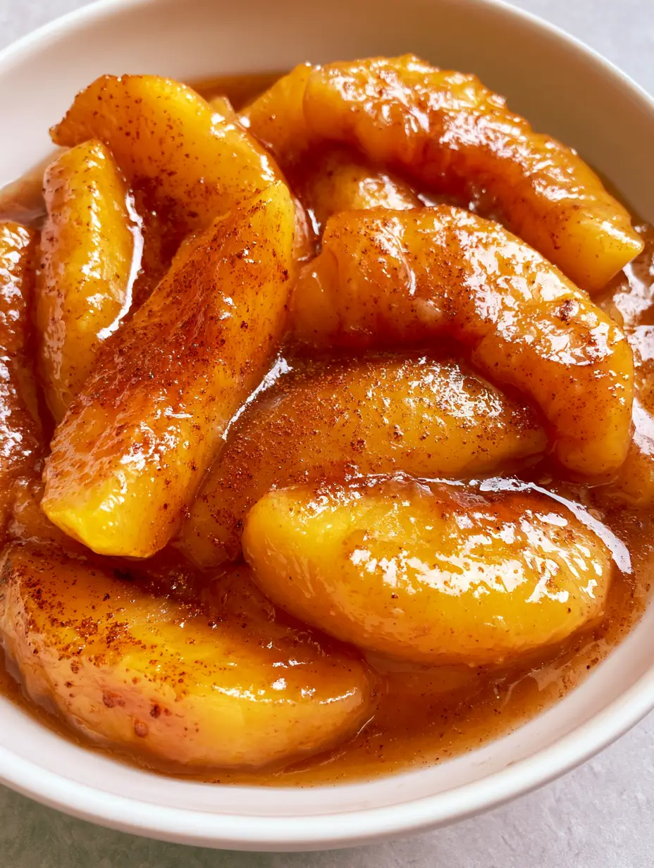 Close-up of tender sliced yellow peaches simmering in a translucent amber syrup. (Stewed Peaches)