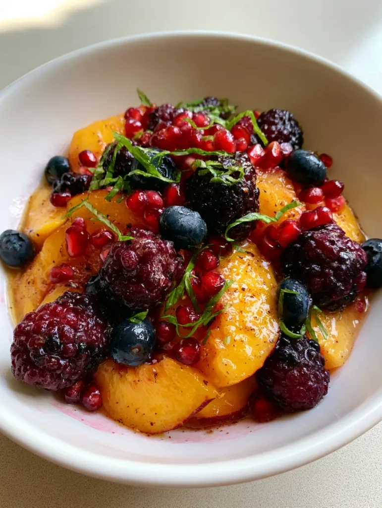Summer Peach Fruit Salad with Honey Lime Glaze and Fresh Basil 1 Top down view of Summer Peach Fruit Salad in a white bowl with navy blueberries and bright green basil ribbons on a light table in natural daylight.