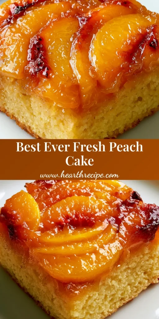 A close-up vertical shot of a square slice of Peach Upside-Down Cake showing glossy caramelized peaches and airy sponge cake.