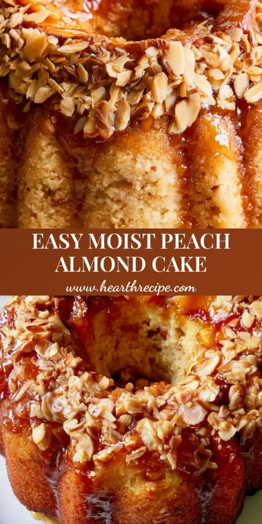 A tall, golden-brown Peach Almond Bundt Cake topped with thick caramelized brown sugar glaze and toasted sliced almonds on a white plate.
