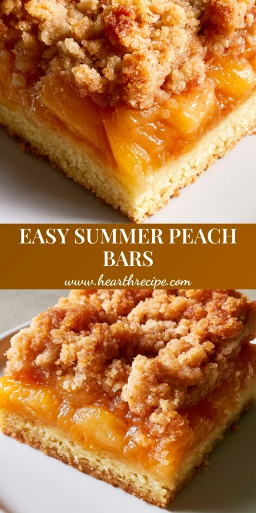 A close-up shot of square-cut Peach Crumb Bars on a white plate, showing the distinct shortbread crust, glossy amber filling, and golden streusel topping.