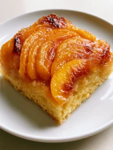 A square slice of Peach Upside-Down Cake on a white plate with concentric rows of caramelized yellow peaches and charred edges.