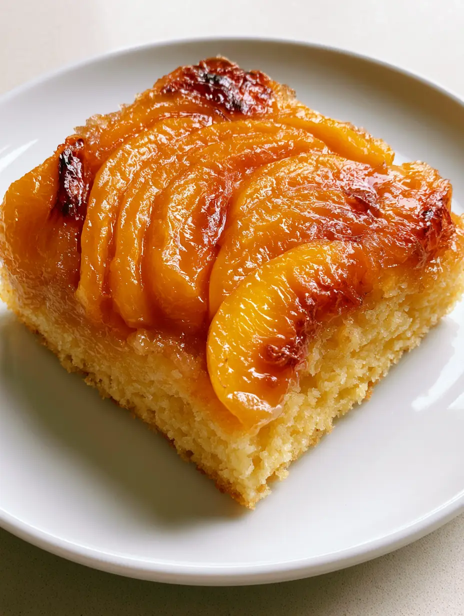 A square slice of Peach Upside-Down Cake on a white plate with concentric rows of caramelized yellow peaches and charred edges.