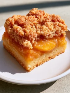 Side view of a peach crumb bar emphasizing the compact buttery shortbread crust and thick layer of soft peach chunks. (Peach Crumb Bars)