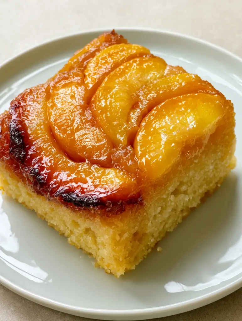 Close-up of the moist and porous texture of the golden-yellow sponge cake in a Peach Upside-Down Cake.