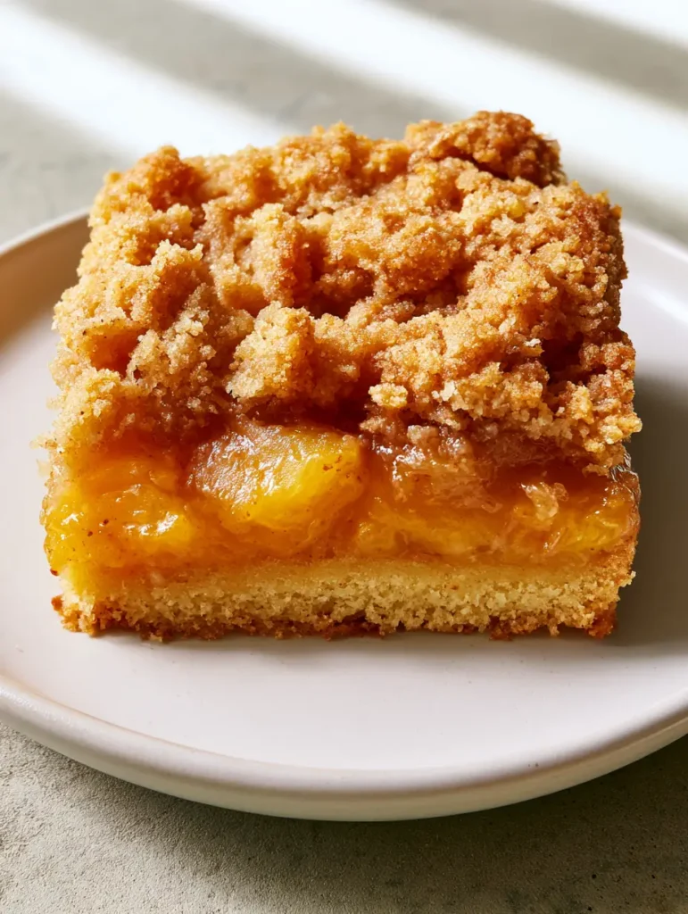 Top-down view of rustic golden-brown streusel topping on a peach bar sitting on a gray concrete surface.
