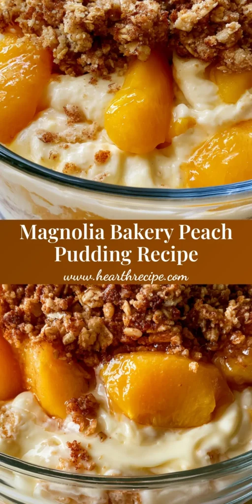 A large clear glass bowl showing layers of Magnolia Bakery Peach Crisp Pudding with ivory cream, softened wafers, and orange peaches topped with oat crumble.