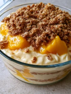 Detailed shot of the thick, creamy vanilla pudding folded with wafers and large chunks of fresh peaches in a Magnolia Bakery Peach Crisp Pudding.