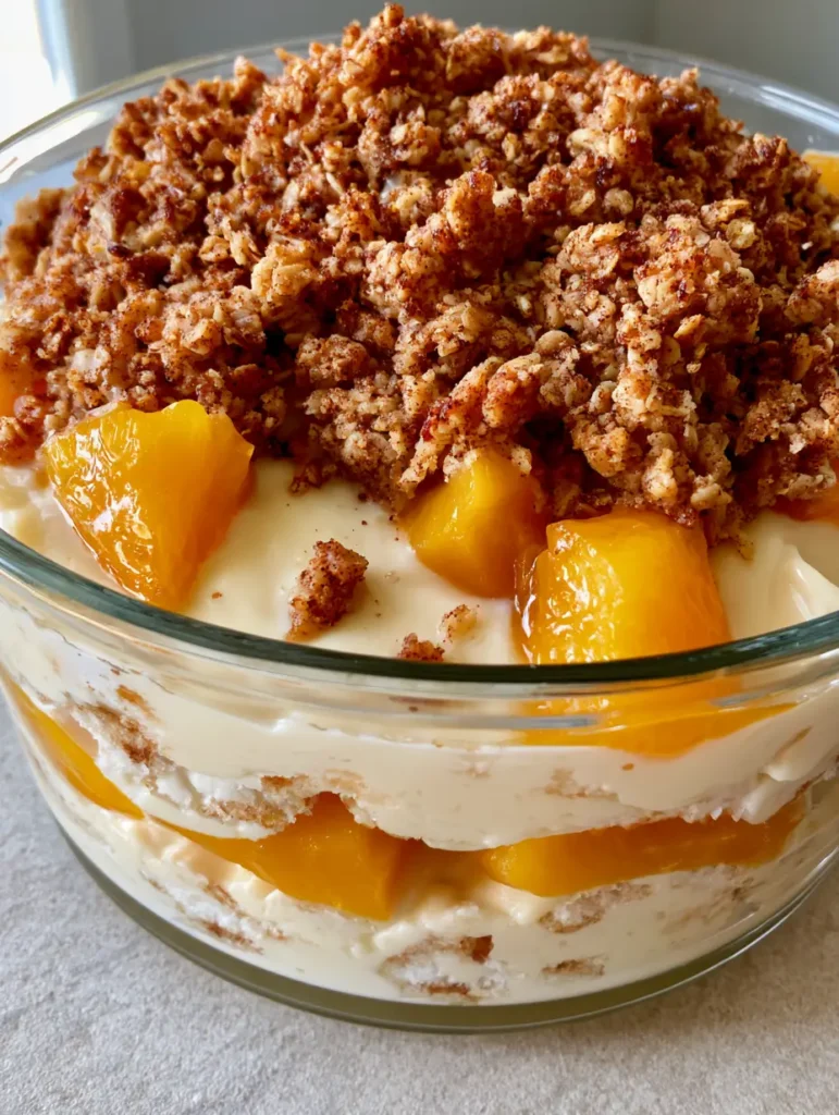 Close up of the pebbled and crunchy rustic golden-brown oat crisp topping on a Magnolia Bakery Peach Crisp Pudding.