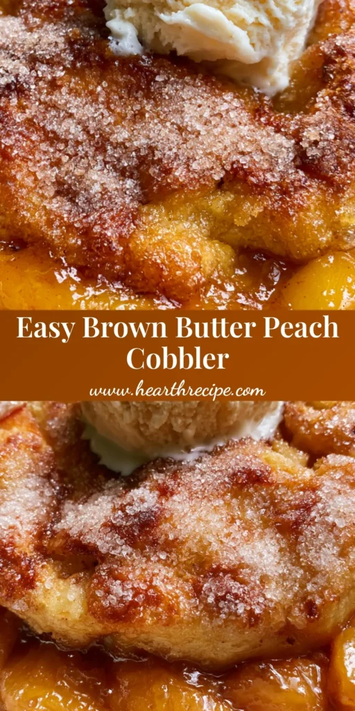 Brown Butter Peach Cobbler with Sparkling Sugar Biscuit Crust 4 A close-up vertical shot of a brown butter peach cobbler in a ceramic bowl with sparkling sugar on the crust and a melting scoop of ice cream.