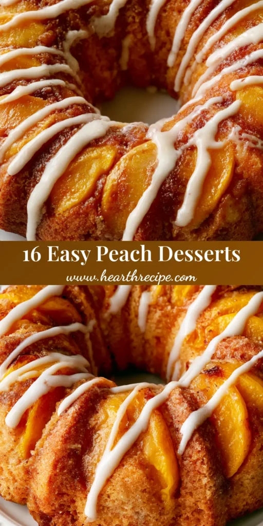 A golden-brown Peach Cobbler Bundt Cake with caramelized peach slices and a white sugar glaze drizzle. (Peach Desserts)