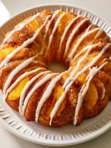 Handheld smartphone photo of a whole peach cobbler bundt cake with caramelized slices and zig-zag glaze. (Peach Desserts)