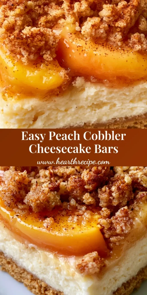 Peach Cobbler Cheesecake Bars with a Buttery Oat Crumble 4 Close-up of square Peach Cobbler Cheesecake Bars on a white plate showing layers of graham crust, white cheesecake, glazed peaches, and cinnamon oat crumble.