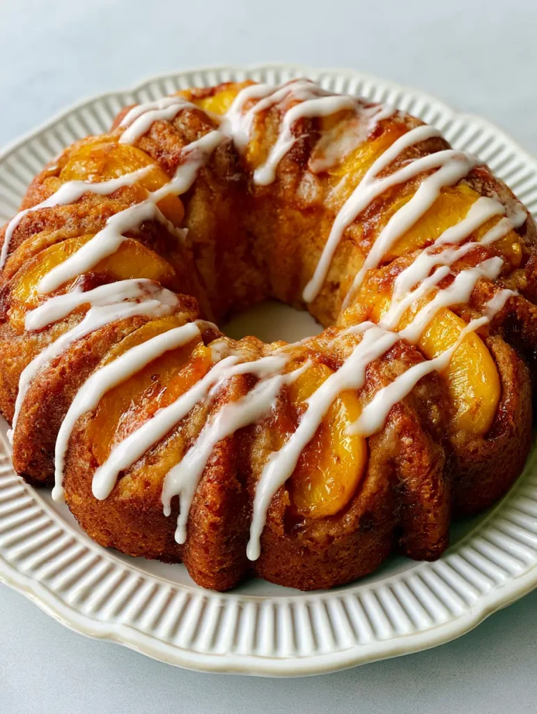 Close up of a thick opaque white sugar glaze drizzled over a golden-brown peach cake.