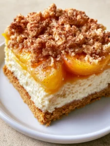 A close-up shot of square Peach Cobbler Cheesecake Bars showing the dense creamy white cheesecake layer and golden peach slices topped with crumble.