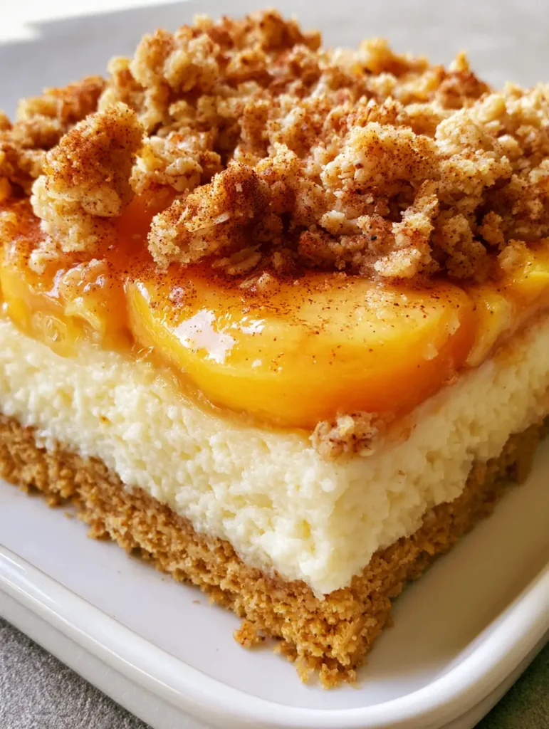 Peach Cobbler Cheesecake Bars with a Buttery Oat Crumble 1 Overhead close-up of Peach Cobbler Cheesecake Bars highlighting the toasted golden-brown buttery flour and oat crumble.