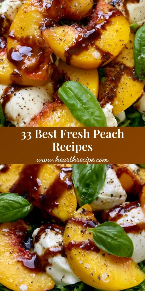 A top-down view of a Peach Caprese Salad with gold-orange peach slices and white mozzarella. (Fresh Peach Recipes)